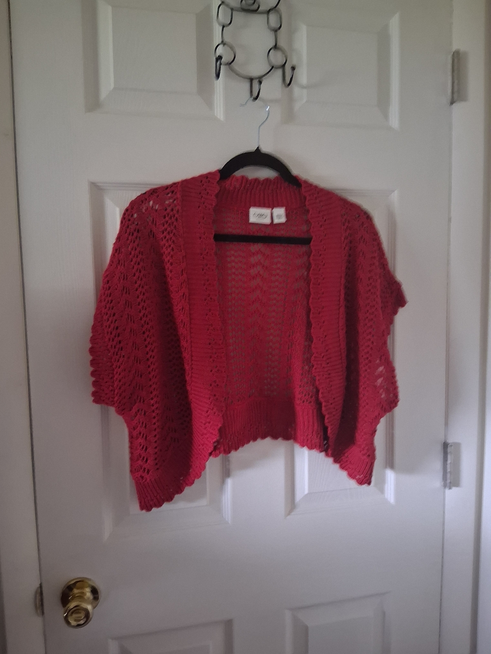 Cato Coral Red Open-Front Crochet Shrug Cardigan